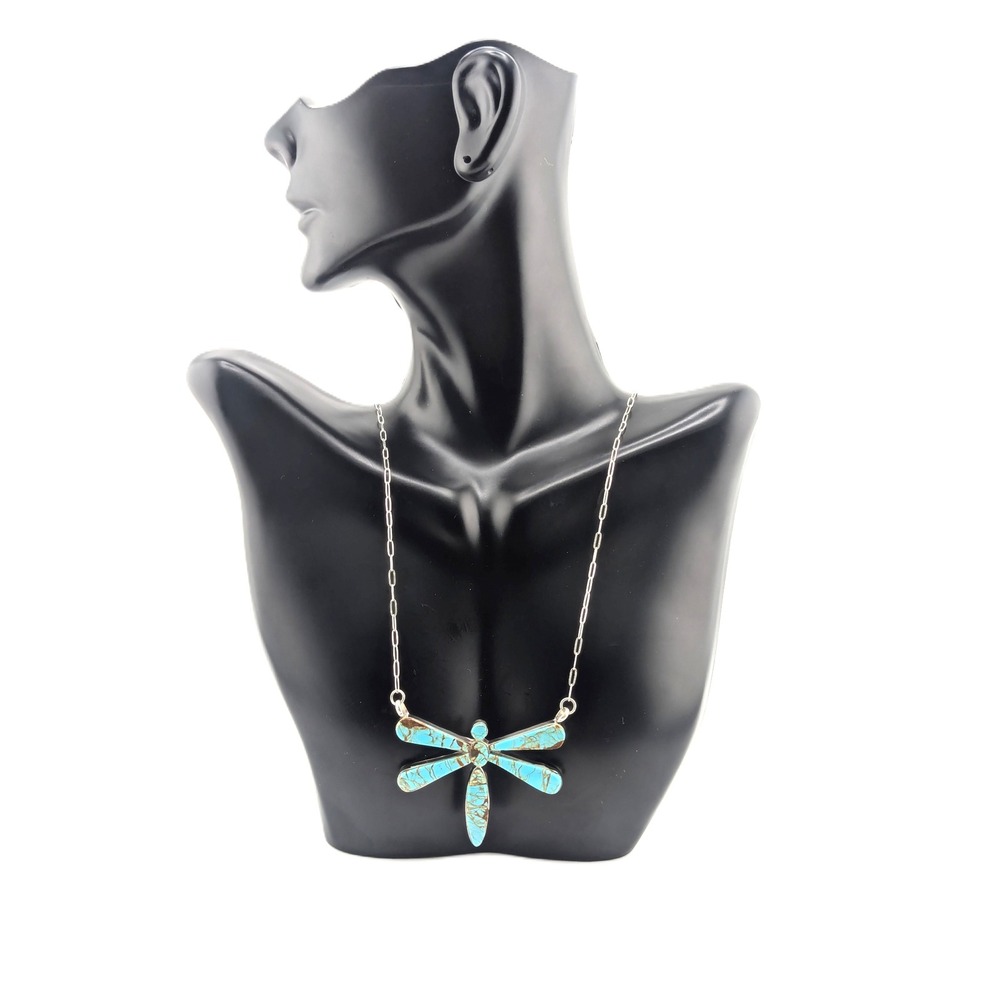 Navajo Turquoise Dragonfly Chain Necklace Sterling Silver Native Am Jewelry**